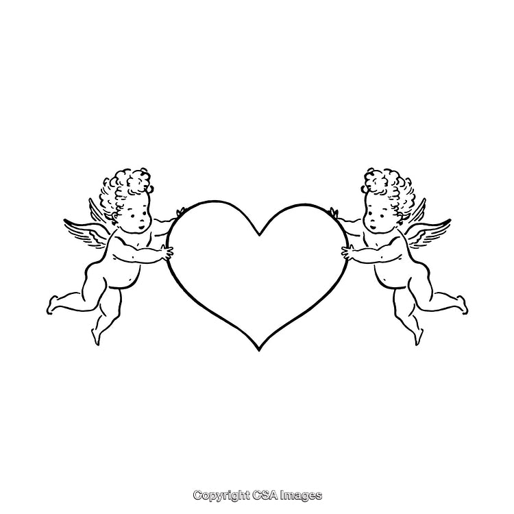 Two Cherubs Holding Heart Border in Black and White Design