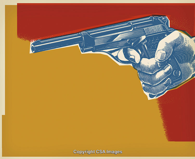 Retro Illustration of a Hand Holding a Revolver in a Bold Composition