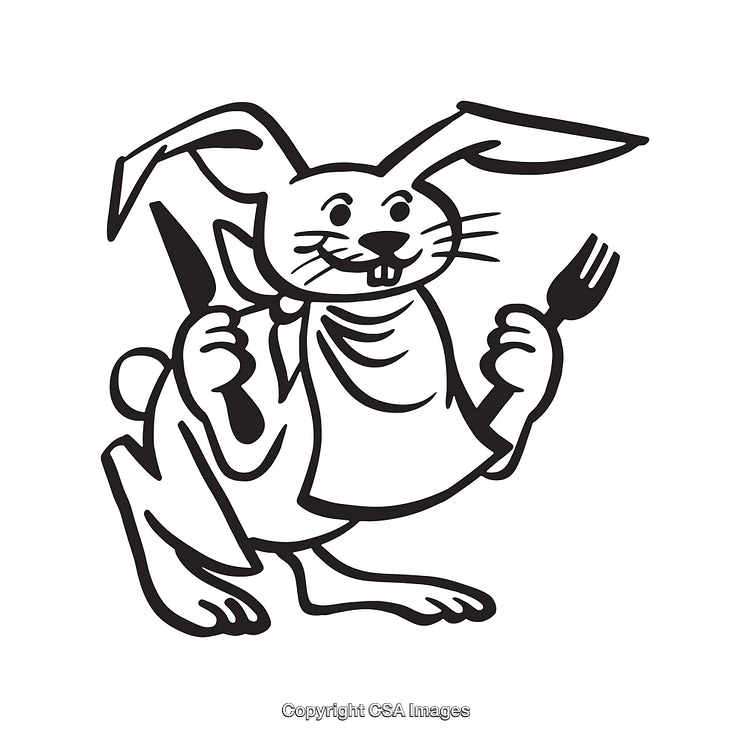 Black And White Line Art of a Hungry Rabbit With Fork and Knife