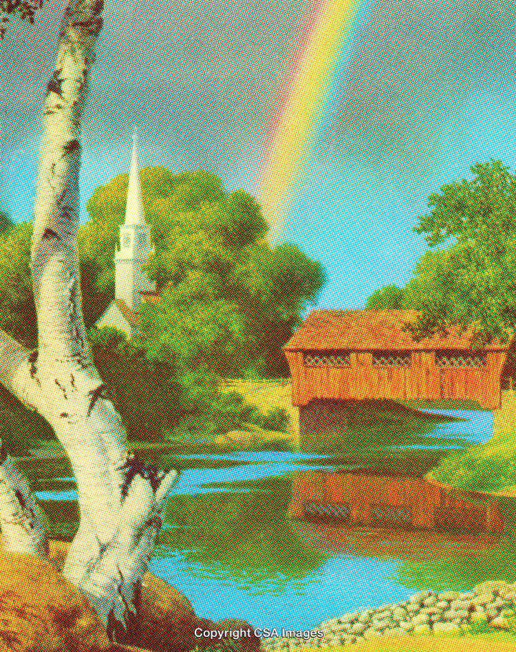 Colorful Rainbow Over Peaceful Countryside Landscape and Wooden Bridge Reflection