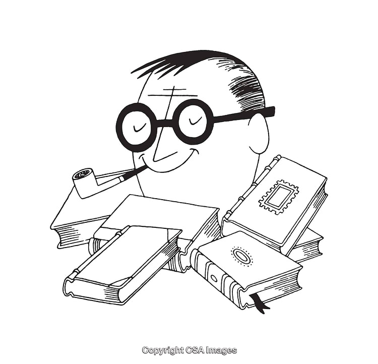 Black And White Cartoon of a Scholar With Books and Pipe