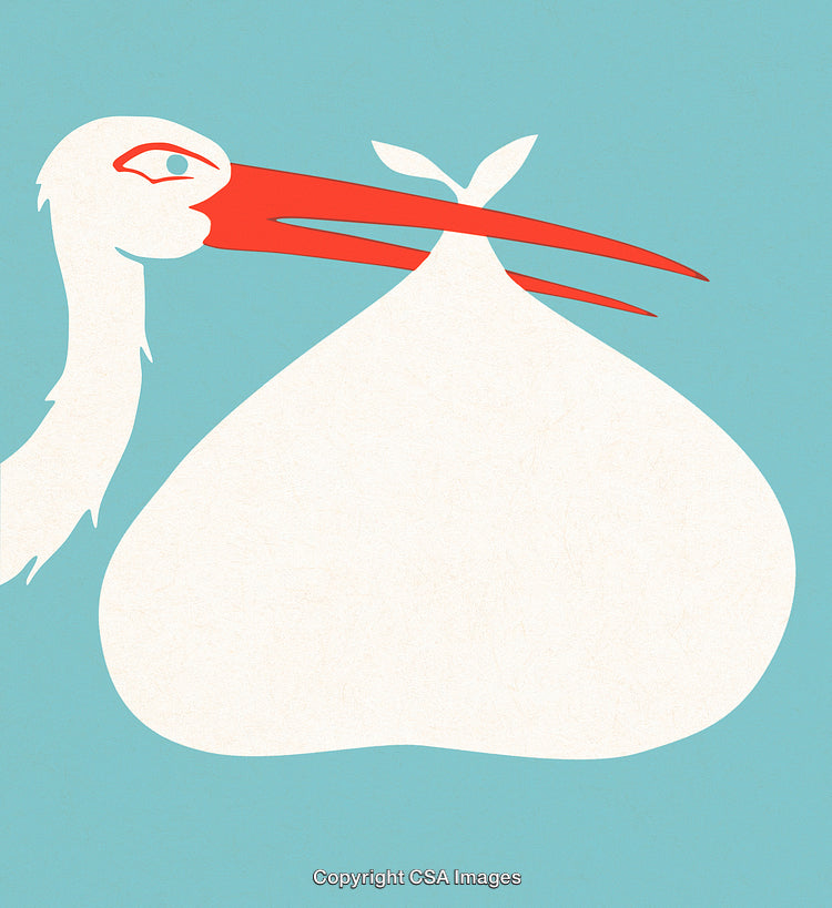 Illustrative Stork Carrying a Baby Bundle on a Minimalist Background