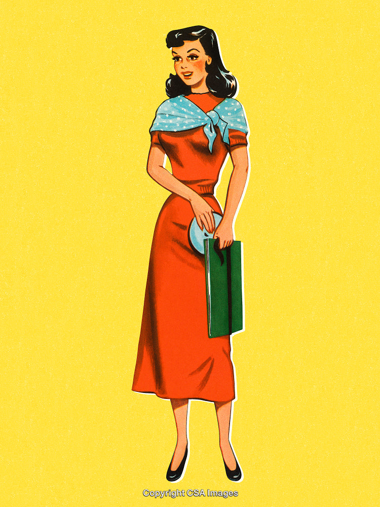 Vintage Illustration of a Woman in Red Dress on a Yellow Background