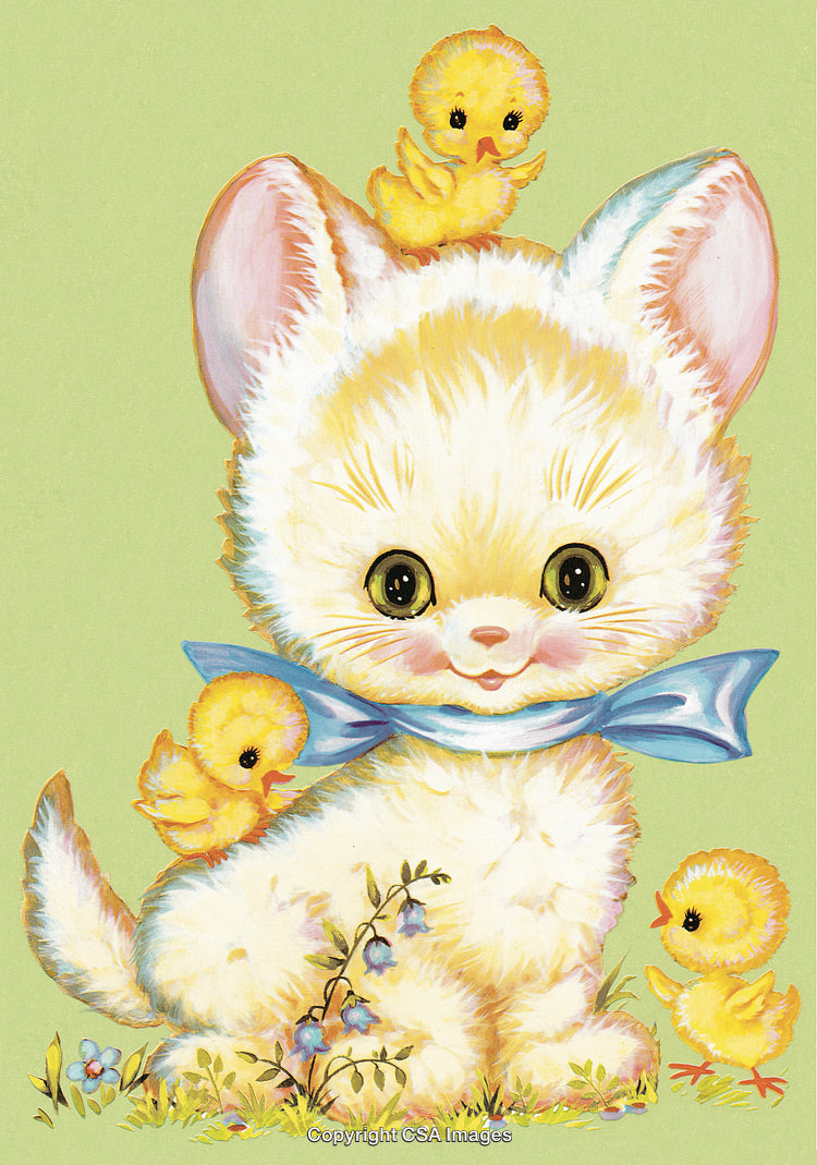 Adorable Cartoon Kitten With Blue Bow Surrounded by Yellow Ducklings