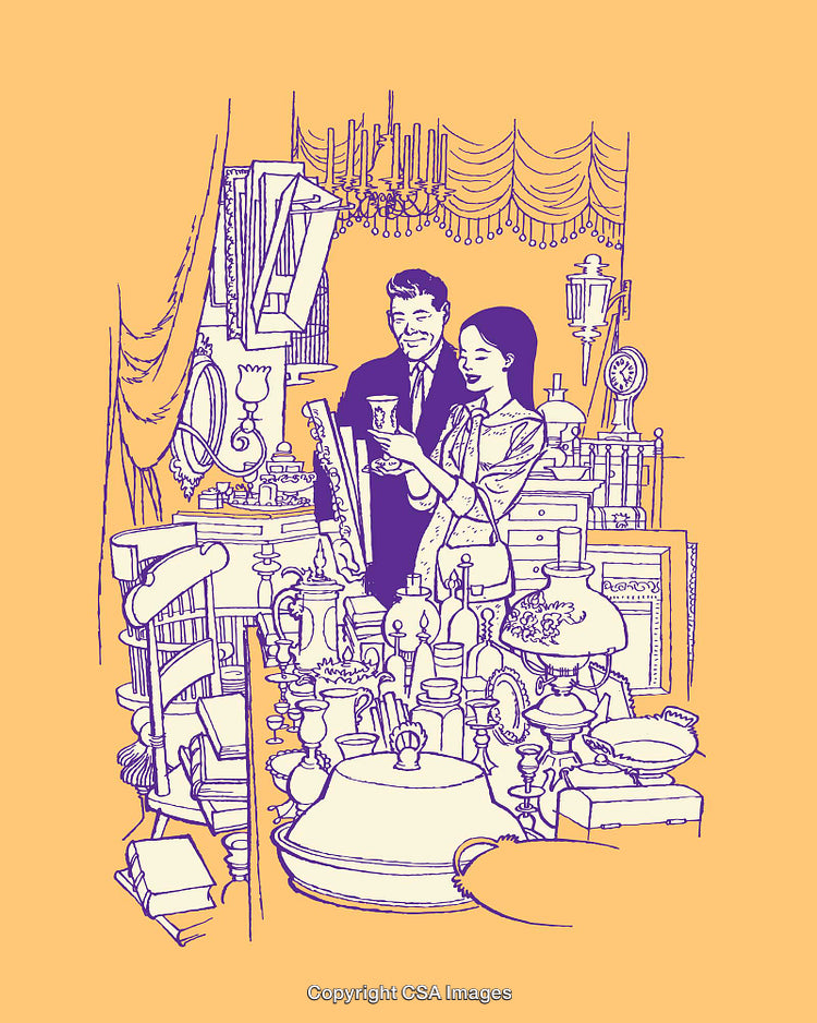 Couple Enjoying Vintage Collectibles in Retro Themed Antique Shop