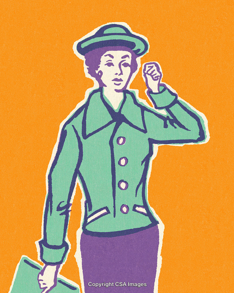 Retro Style Illustration of a Professional Woman in Green and Purple Outfit