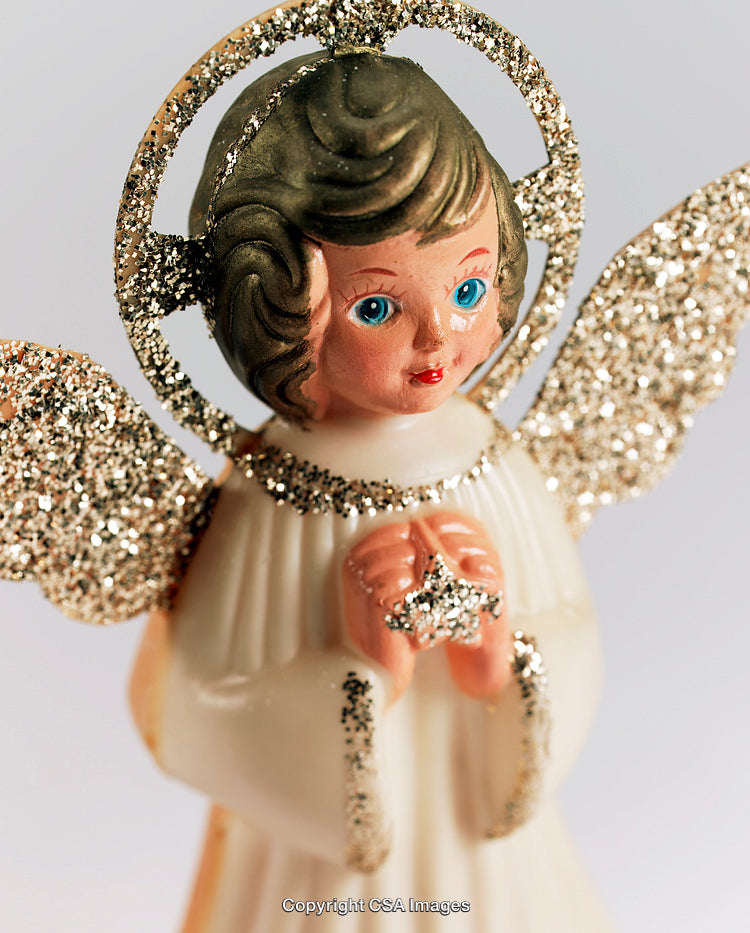 Vintage Plastic Angel Figurine Decorated With Glitter and Golden Details