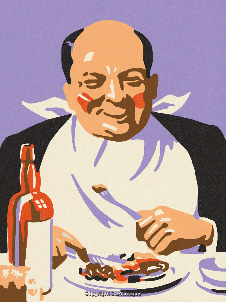 Illustration of a Man Enjoying a Meal With a Bottle of Wine