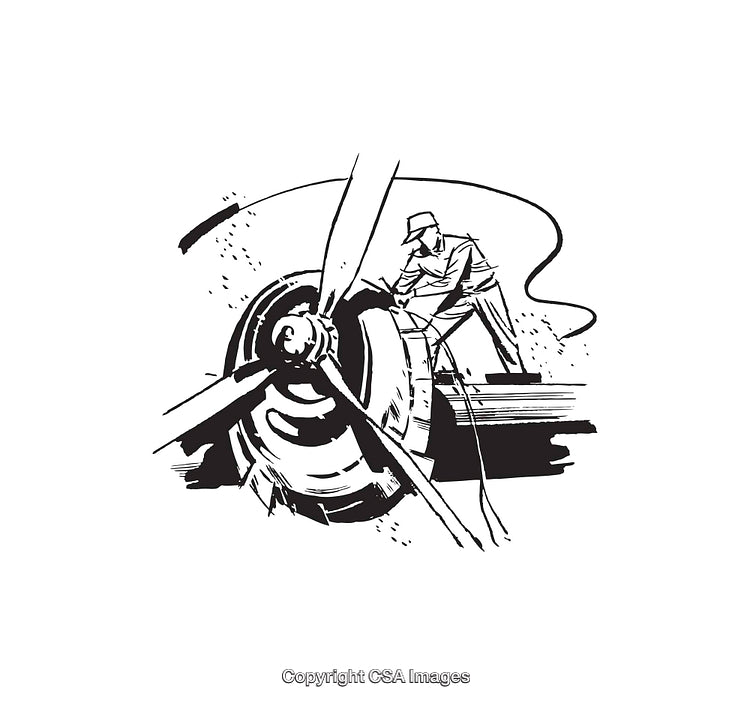 Monochrome Line Art of Mechanic Working on a Propeller Aircraft