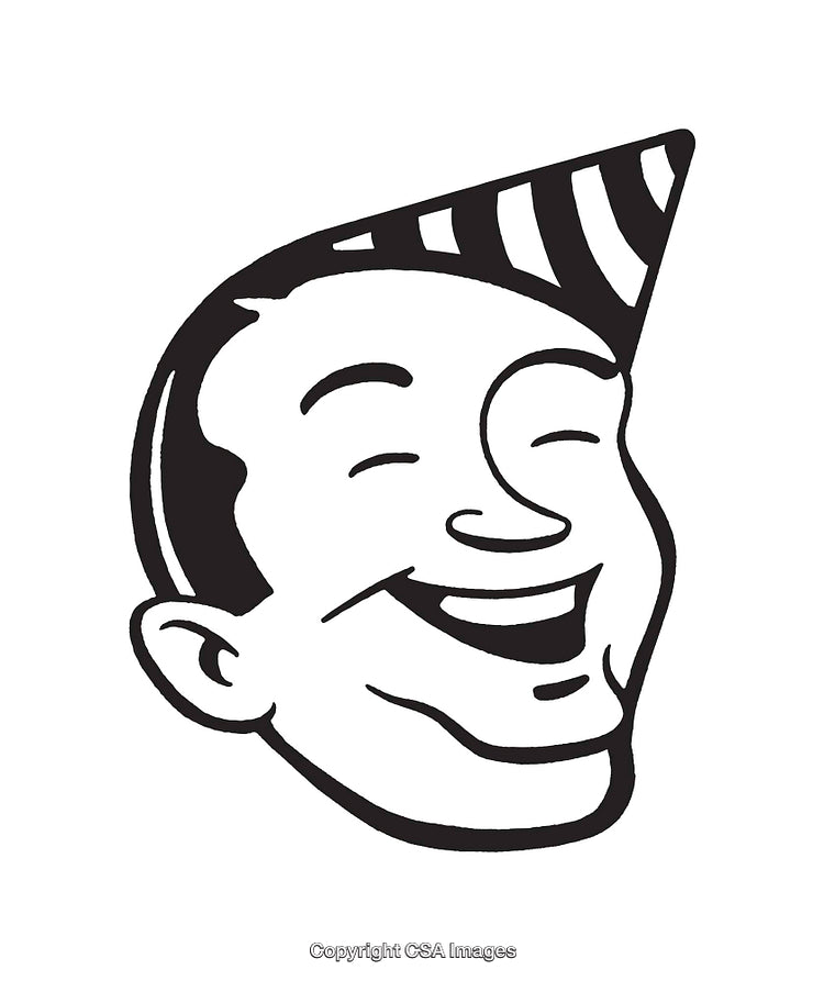 Black and White Line Art of Smiling Man in Party Hat