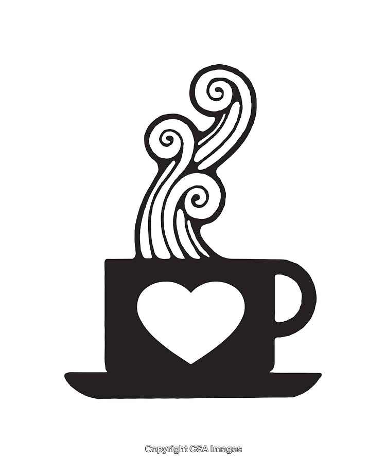 Black and White Line Art of Coffee Cup with Swirls and Heart