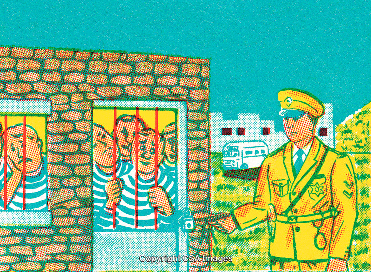 Vibrant Color Illustration of Prisoners and a Guard Outside a Jail
