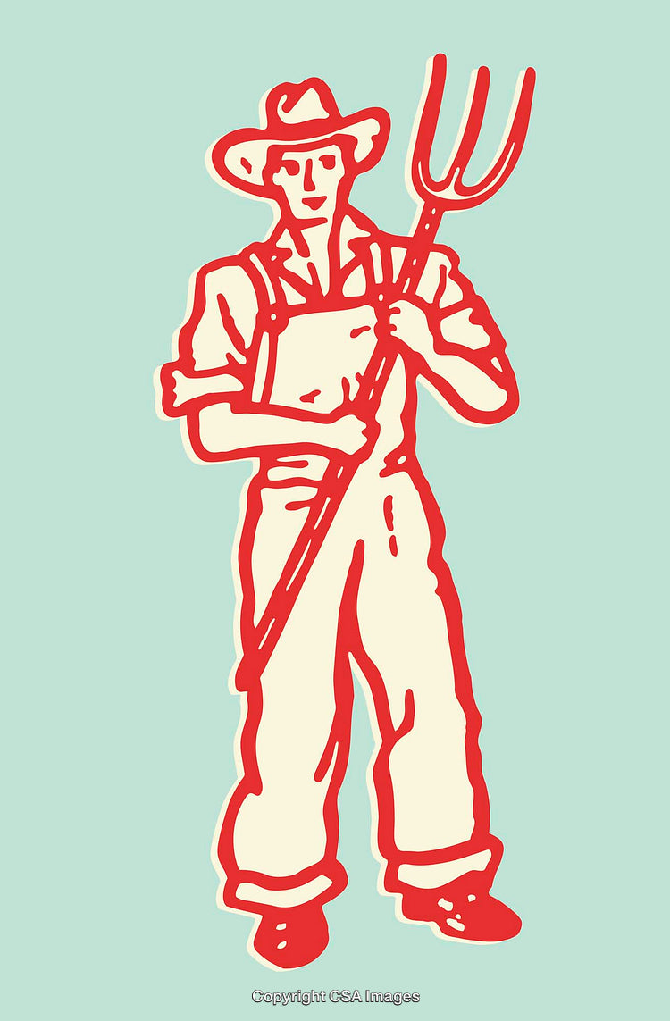 Vintage Line Art Illustration of a Farmer Holding a Pitchfork