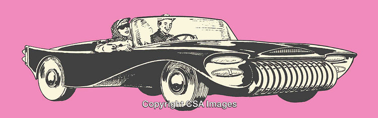 Vintage Convertible Car Illustration With Two Happy Drivers on Pink Background