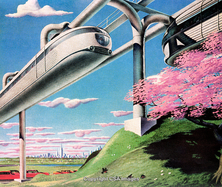 Futuristic Elevated Train With Cherry Blossoms and City Skyline Background