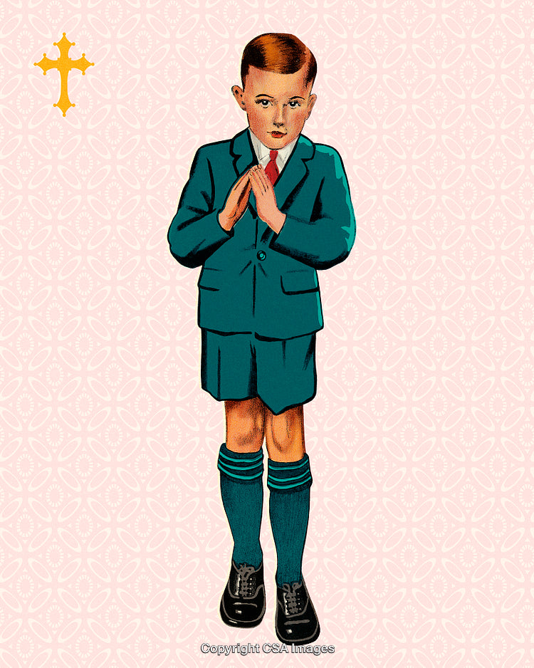 Retro Illustration of a Boy in Prayer with Religious Symbolism