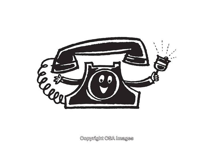 Black and White Illustration of a Smiling Telephone With Arms and Bell