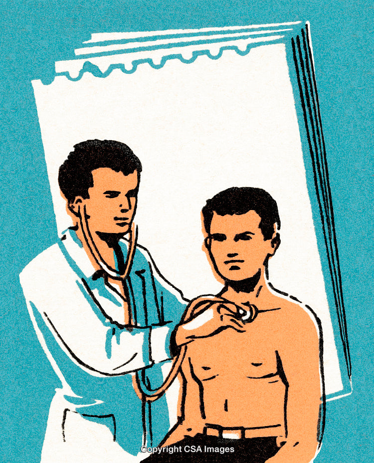 Vintage Illustration of a Doctor Using a Stethoscope on a Male Patient