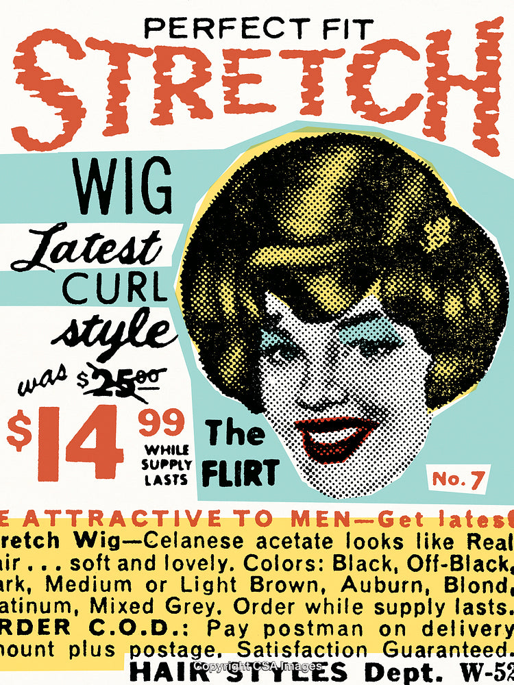Vintage Advertisement for Women's Wig with Modern Artistic Pop Art Style