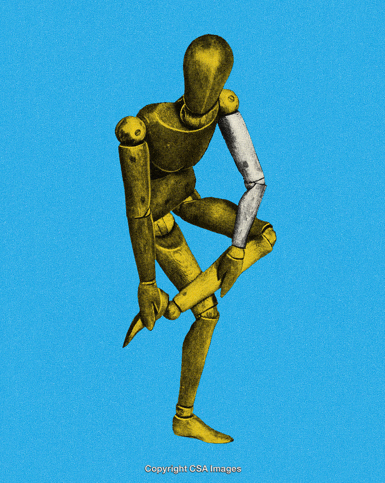 Golden Articulated Dummy Adjusting Arm on Blue Textured Background