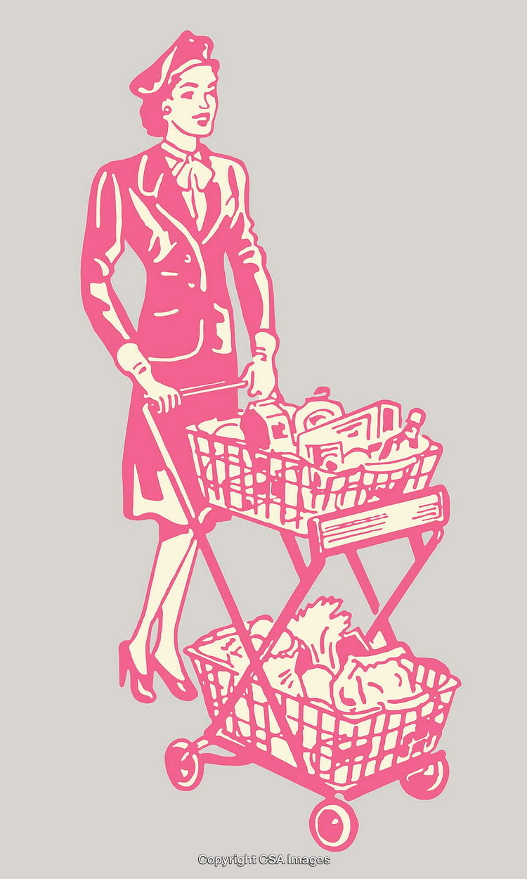 Retro Line Art Illustration of a Woman Shopping with Full Grocery Cart
