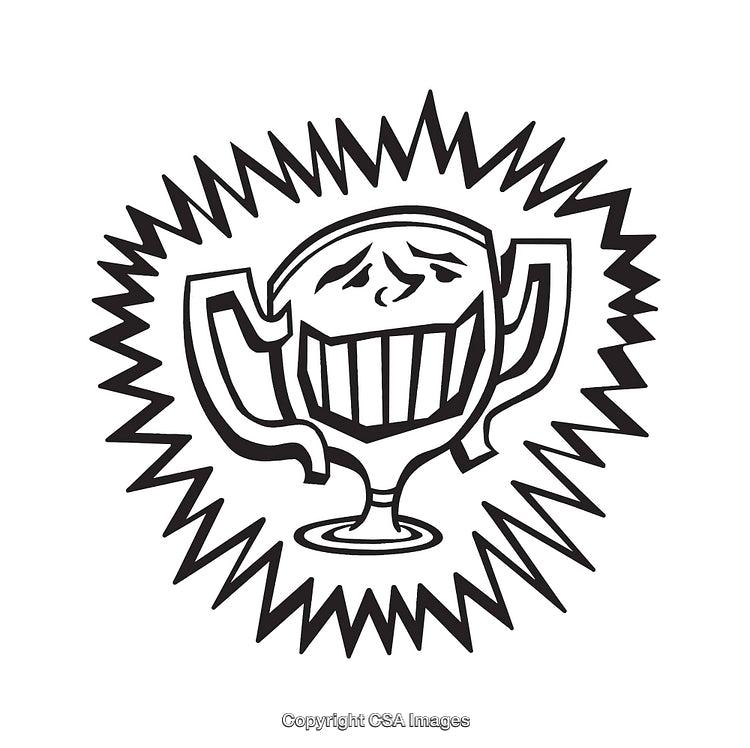Black and White Line Art of a Smiling Trophy with Radiating Energy