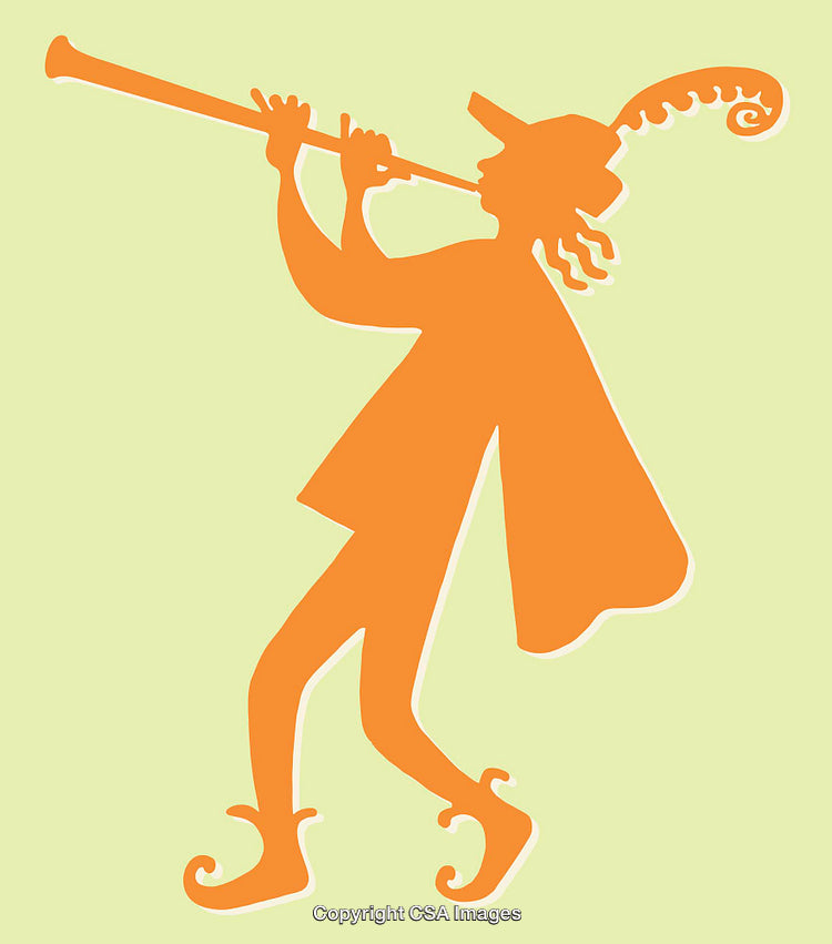 Silhouette of a Piper Playing Flute in Orange and Green Illustration