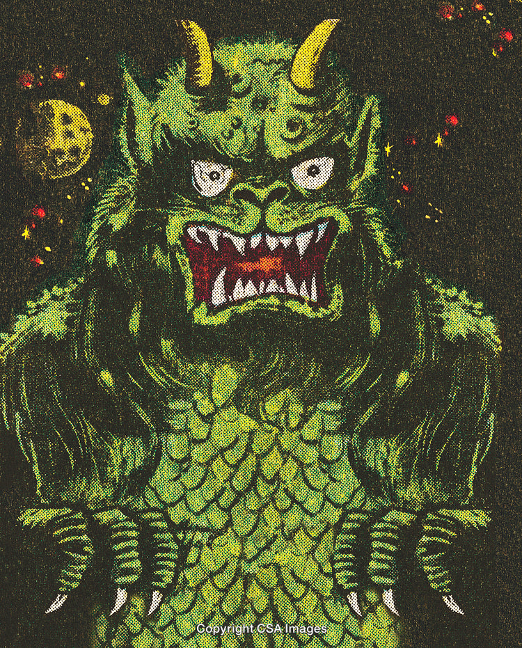 Colorful Comic Style Illustration of a Fierce Green Monster with Horns