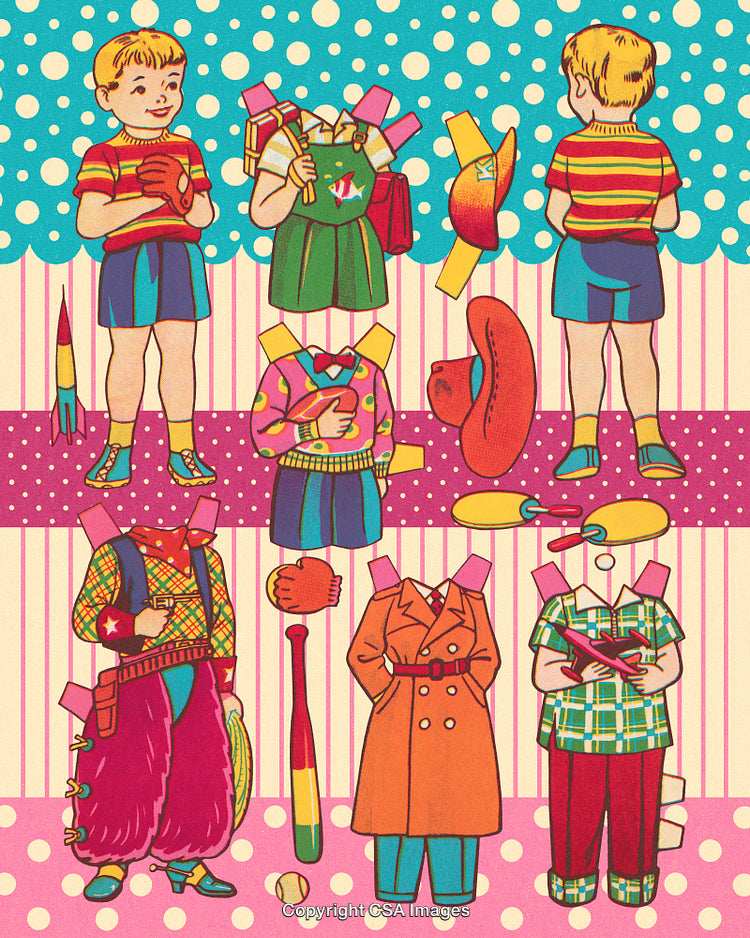 Vintage Style Paper Doll Illustration With Colorful Outfits and Accessories