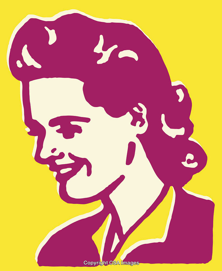 Vintage Color Line Art Portrait of a Smiling Woman on Yellow Background
