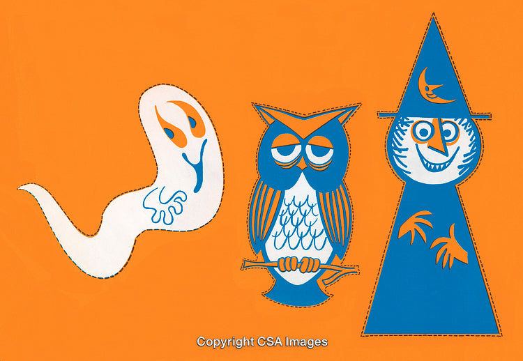 Vintage Halloween Illustration Featuring Ghost, Owl, and Witch in Bright Colors