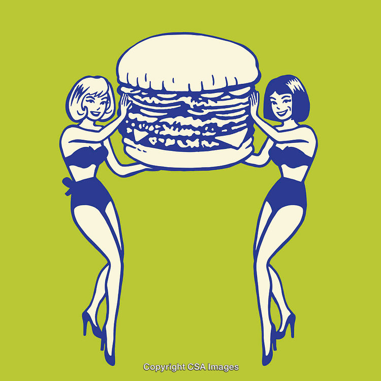 Retro Line Art of Women Holding a Giant Burger Illustration