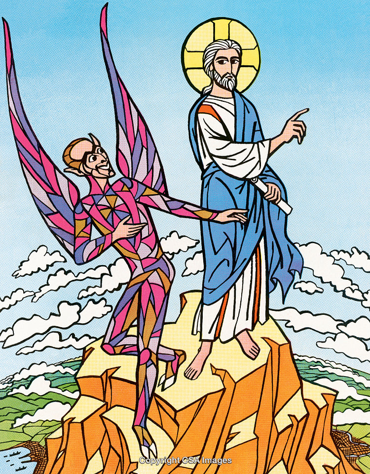 Illustration Depicting a Spiritual Encounter Between Two Figures on a Mountain
