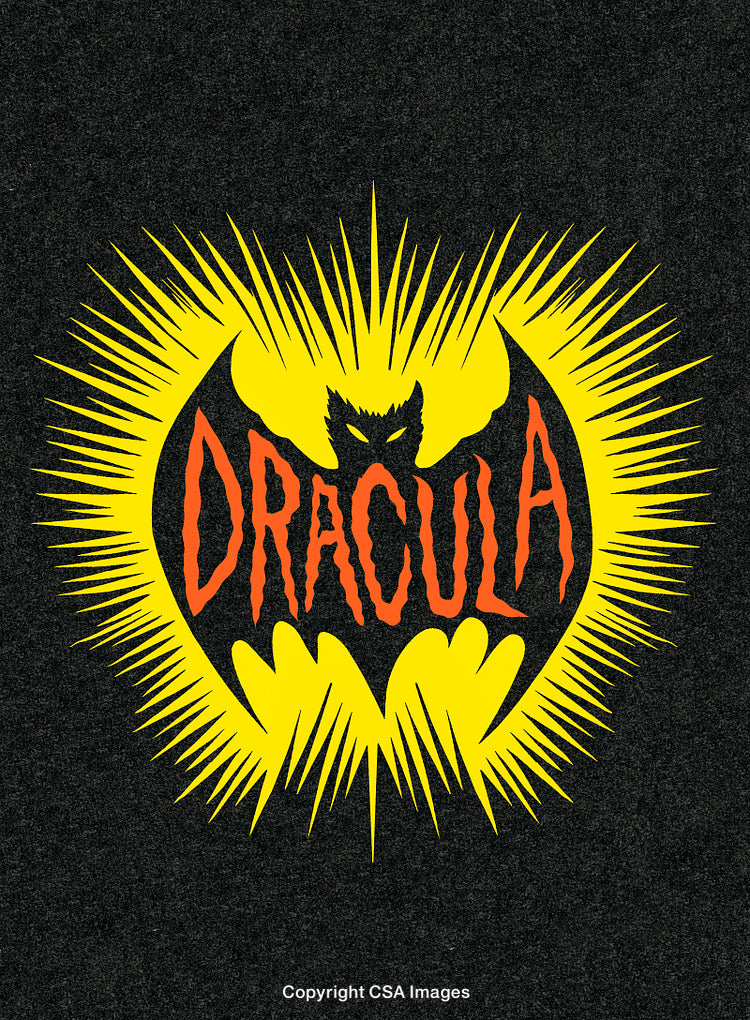 Stylized Dracula Illustration with Vampire Bat and Vibrant Colors