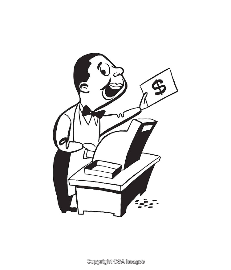 Retro Style Black and White Illustration of a Happy Cashier at Work
