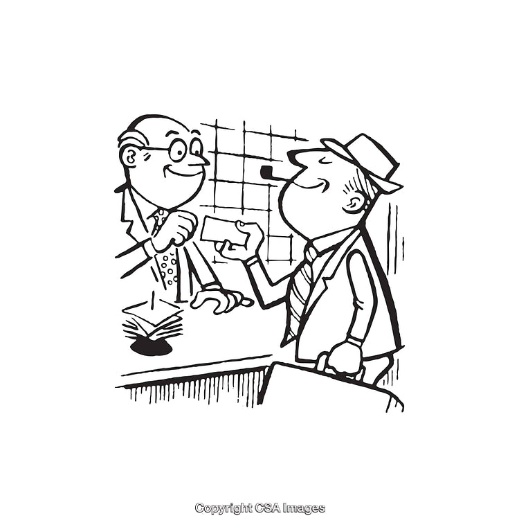 Retro Businessmen Engaging in Office Setting with Briefcase and Note Exchange