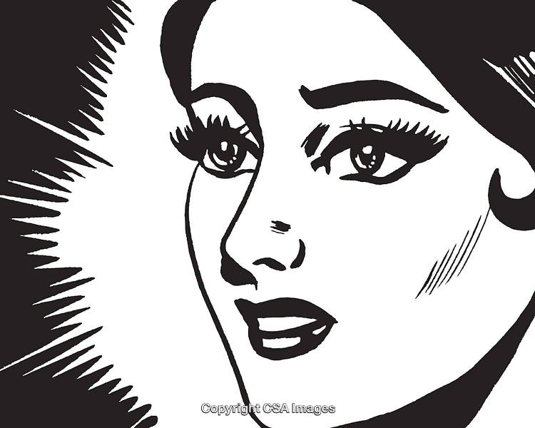 Black and White Retro Style Illustration of Emotionful Woman's Face Close-Up