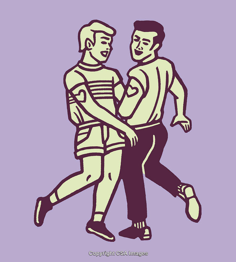 Retro Style Line Art of Two Friends Dancing Together