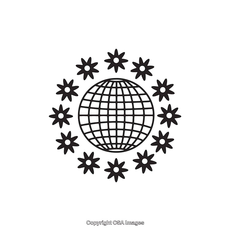 Black and White Icon of Globe with Decorative Floral Surroundings