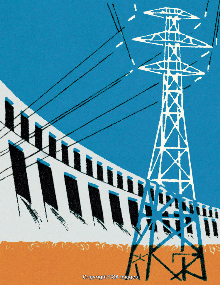 Hydroelectric Dam and Electric Transmission Tower in Artistic Representation