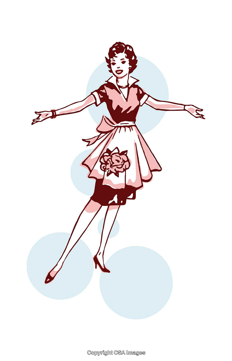 Retro Illustration of a Smiling Woman in Elegant Attire on Minimalist Background