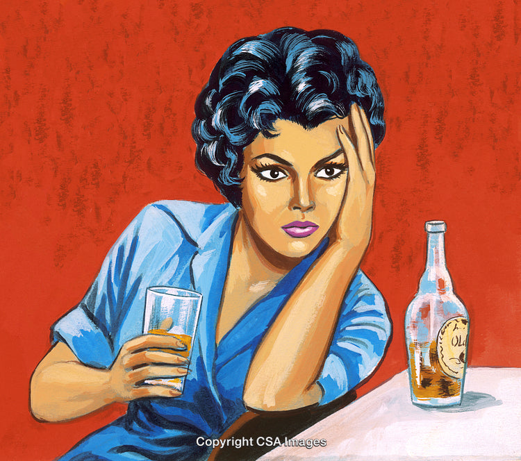 Retro Illustration of Woman Holding a Drink with a Thoughtful Expression