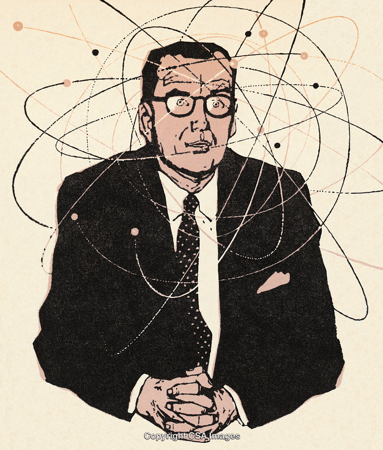 Confused Businessman Surrounded by Abstract Atomic Orbit Sketch Art Design