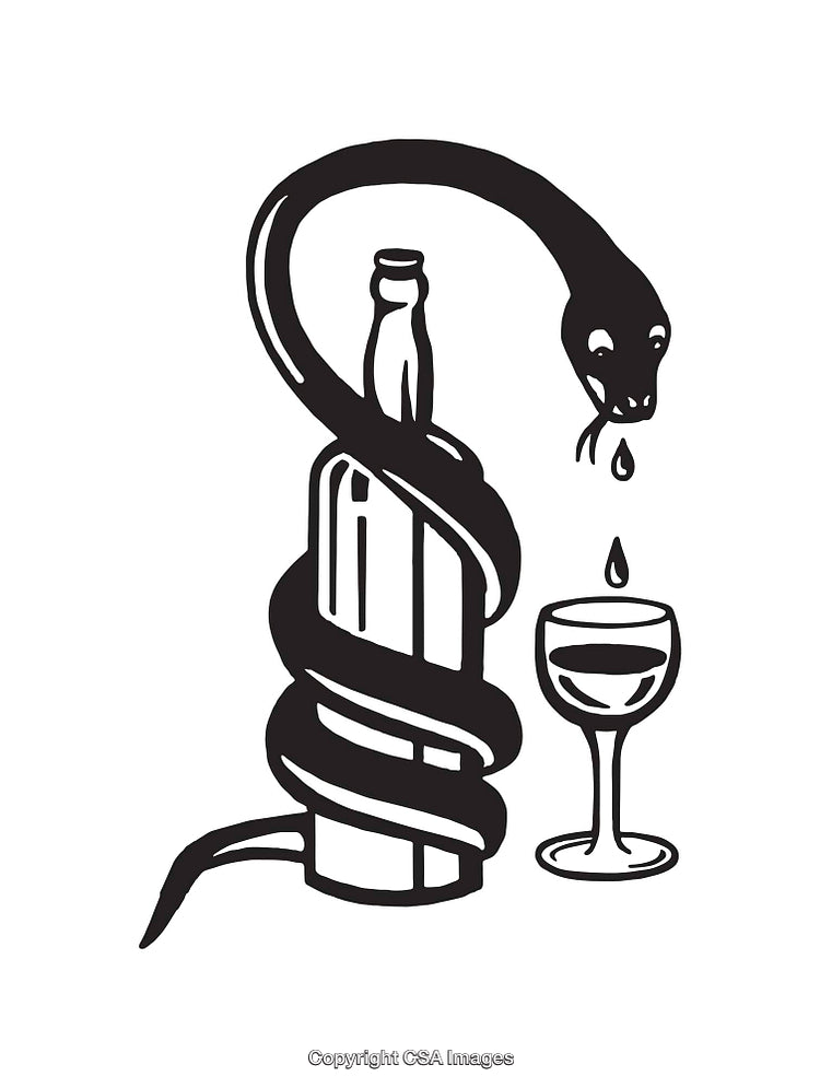 Black and White Line Art of Snake Wrapped Around Bottle