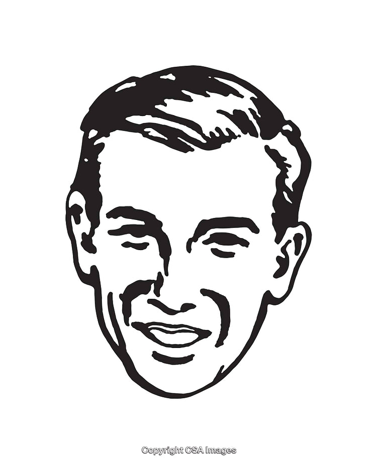 Retro Black and White Illustration of Smiling Male Face in Line Art Style