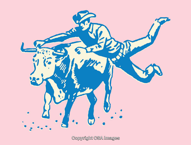 Blue Line Art of a Cowboy Riding a Bucking Bull on Pink