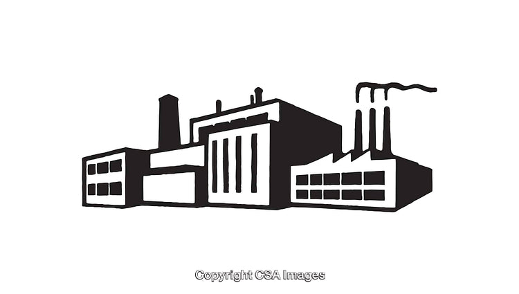 Black and White Factory Illustration with Industrial Smokestacks