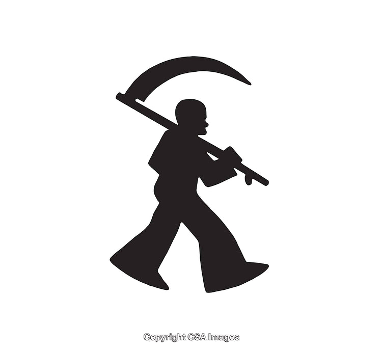 Silhouette Illustration of Person Carrying Farming Tool in Black and White