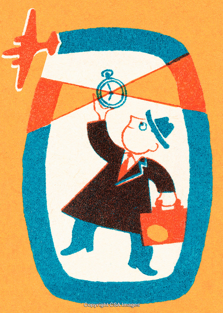 Illustration of Retro Business Traveler With Plane and Clock Symbol