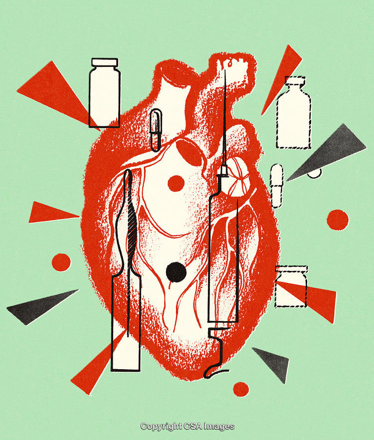 Heart Illustration Highlighting Medical Equipment in a Conceptual Artistic Style